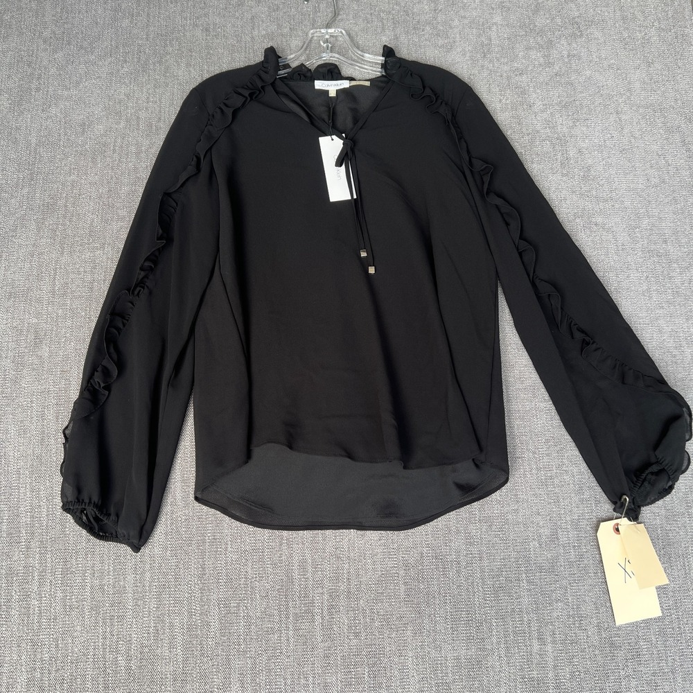 Calvin Klein Pleasant Top Womens XS Black Chiffon Ruffle Long Sleeve Tie Neck